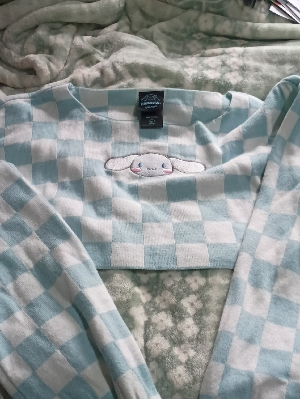 Light Blue & White Check Kids Pajama Top with Embroidered Character